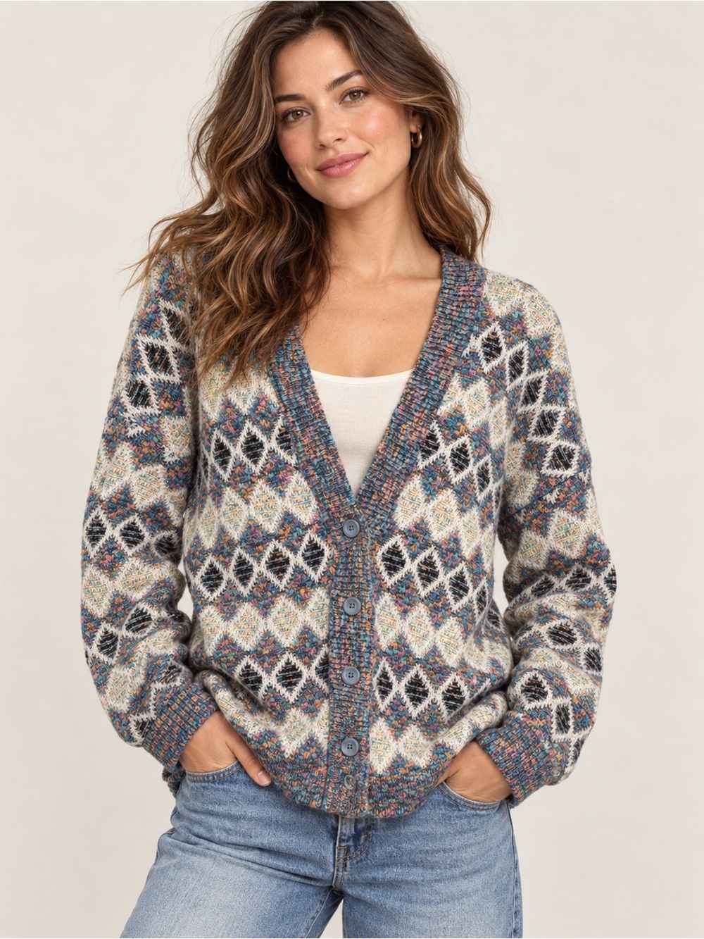 Vintage JED Women’s Geometric Multicolor Cardigan Sweater Medium 80s 90s